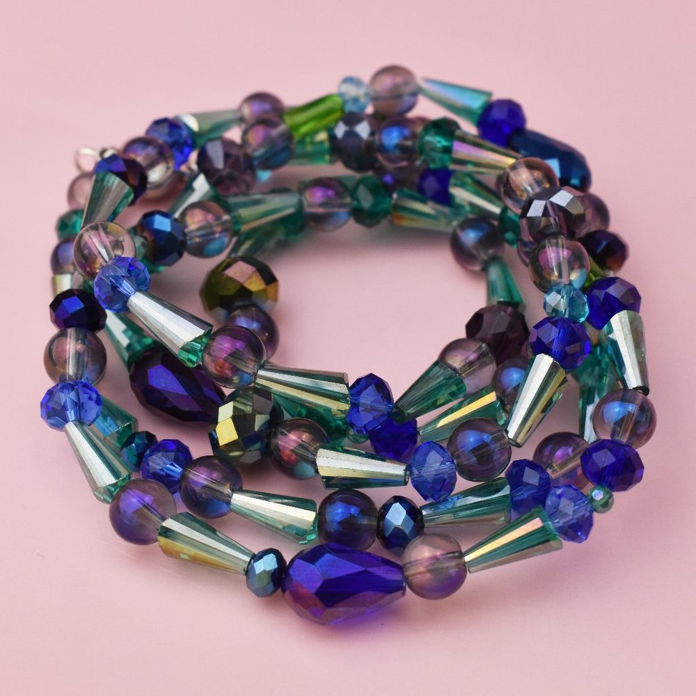 Extra long blue and green glass bead necklace, super long accent necklace